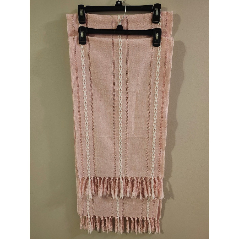 Pink Table Runners with Fringe, Striped Woven Farmhouse Style Set of 2